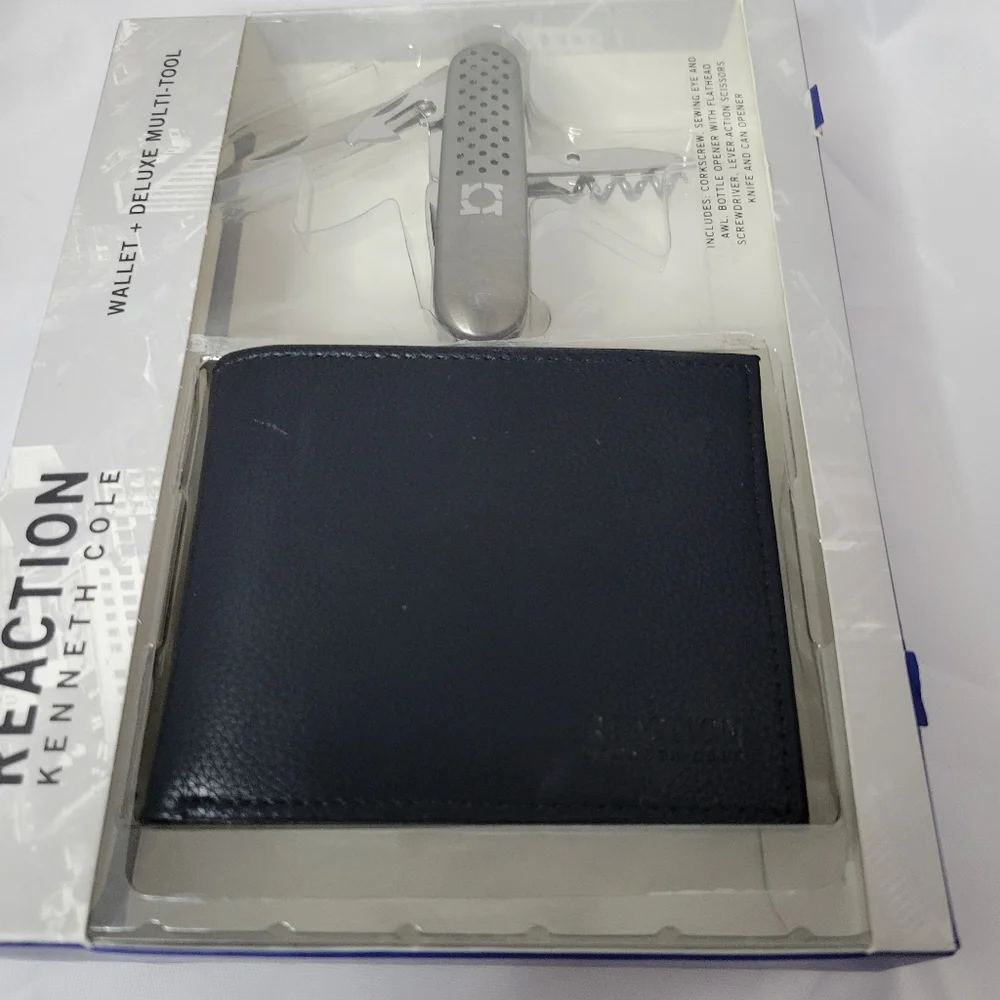 New Reaction Kenneth Cole Black Bifold RFID Security Wallet & Multi Tool